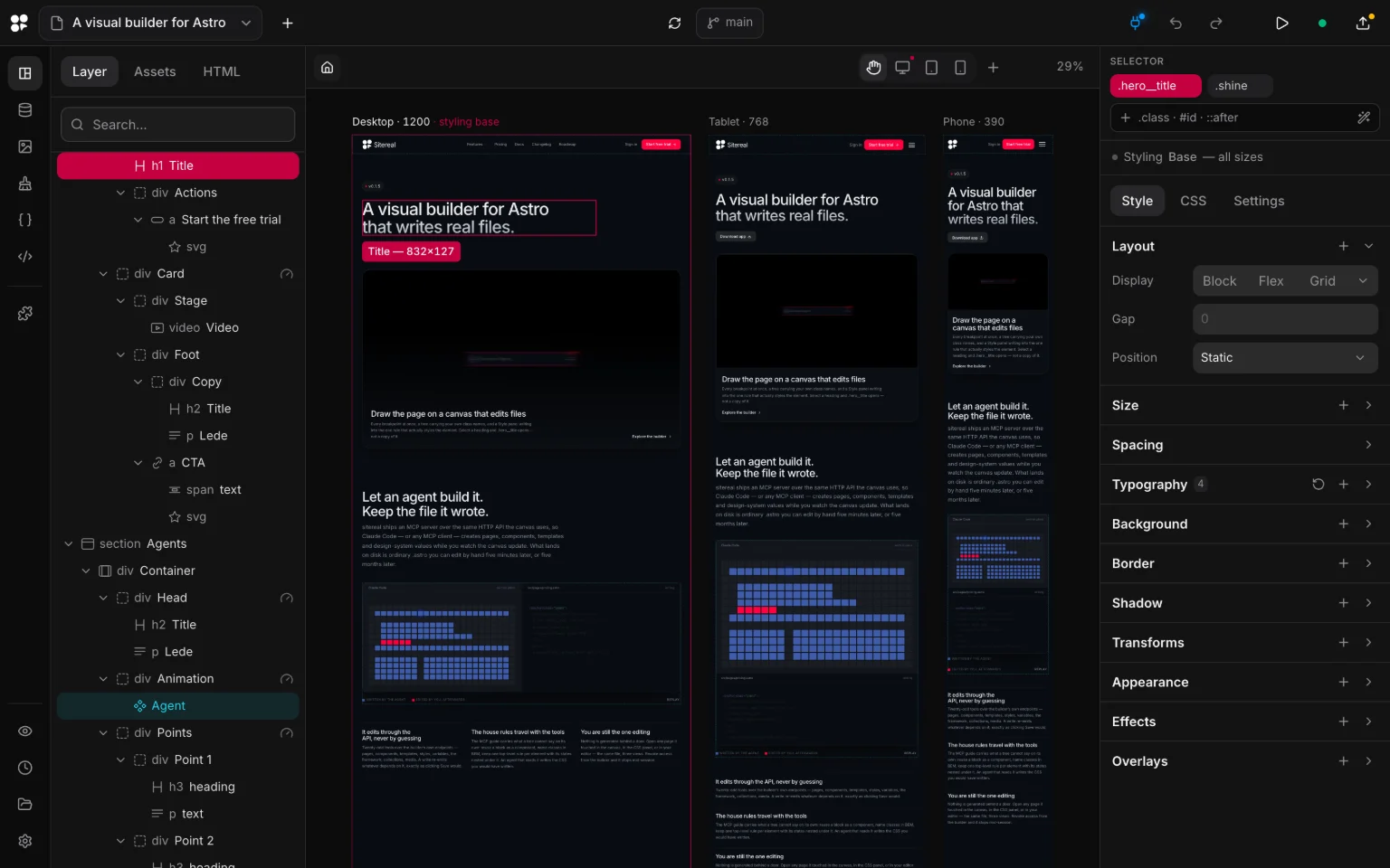 The sitereal builder with a heading selected: the rail and the layer tree on the left, three breakpoints of the page on the canvas, and the Style panel on the right.
