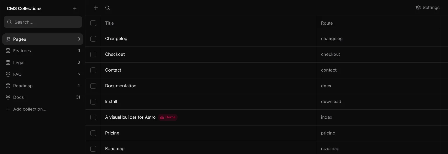 The Content view: collections on the left — Pages, Features, Legal, FAQ, Roadmap, Docs — and the entries of the selected one as rows.