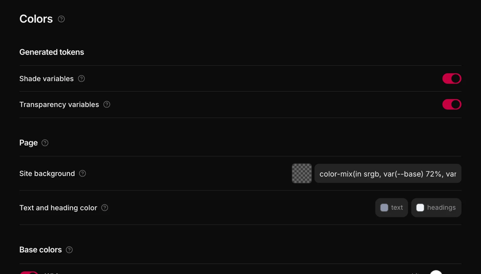Design → Colors: switches for shade and transparency variables, the page background, the text and heading colors, and the base and main colors.