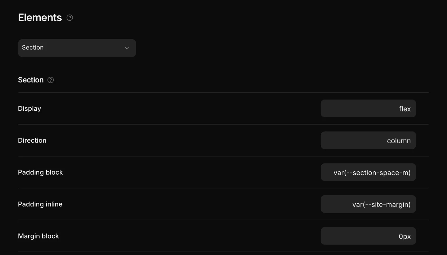 Design → Elements with Section chosen: display, direction, padding, gaps, background and text color.