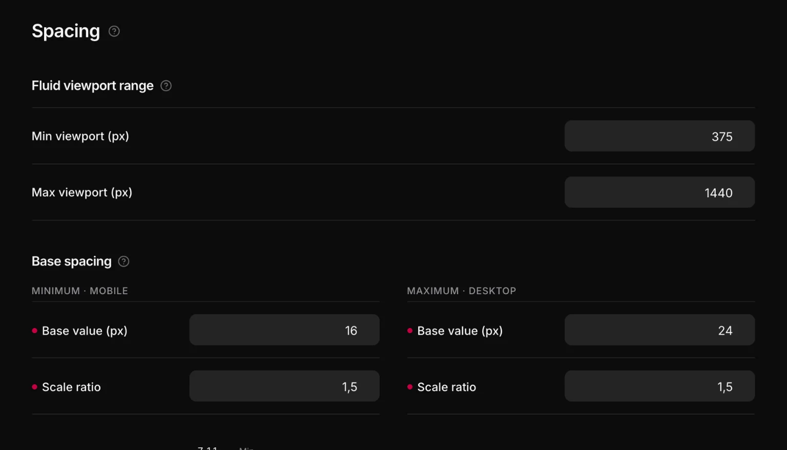 Design → Spacing: the fluid viewport range, base value and scale ratio for mobile and desktop, and a preview bar per step.