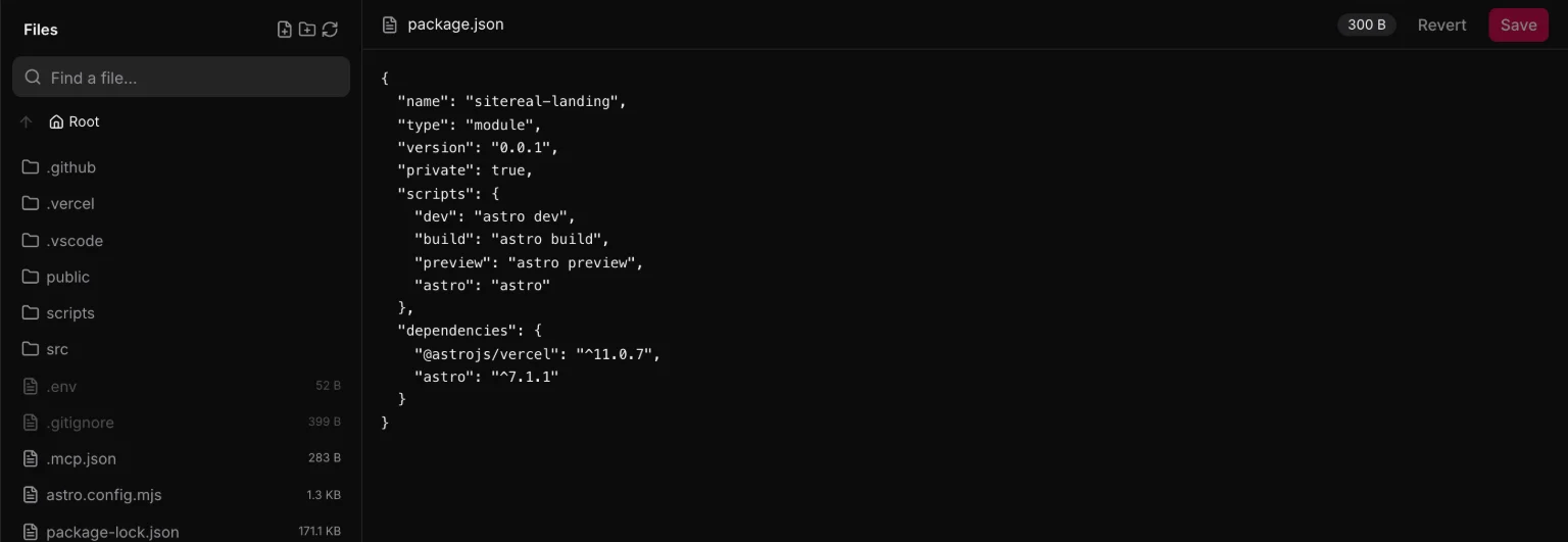 The Files view: the project’s folders and files on the left, astro.config.mjs open in the editor on the right.