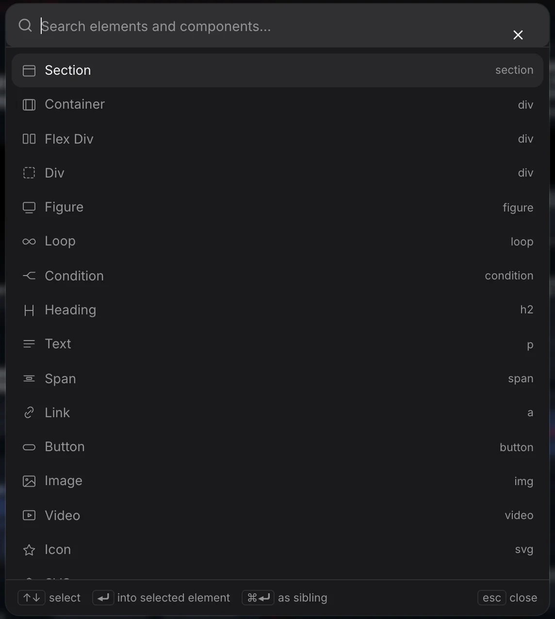 The insert dialog listing Section, Container, Flex Div, Div, Figure, Loop, Condition, Heading, Text and more.