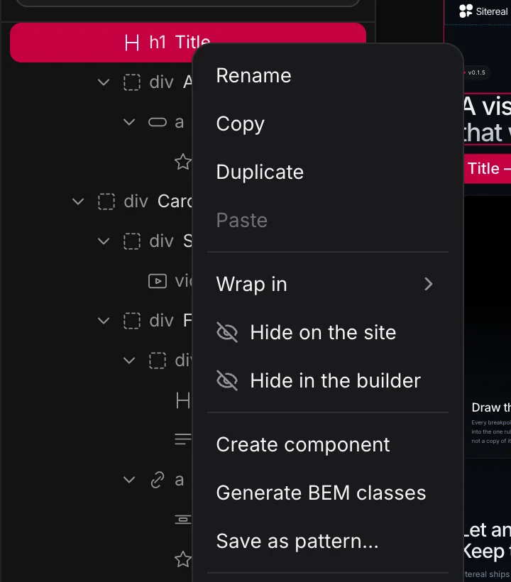 The layer tree’s right-click menu with Create component.