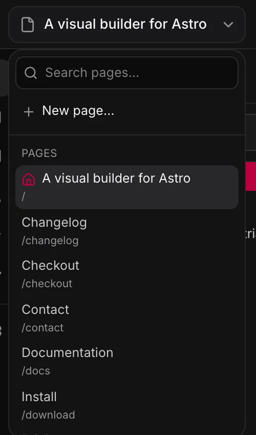 The page switcher open: a search field, New page, and the list of pages with their addresses.