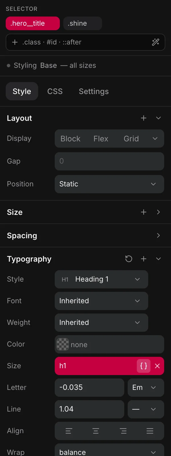 The Style tab with Typography open: Style set to Heading 1, Font, Weight, Color, and Size bound to the h1 variable.