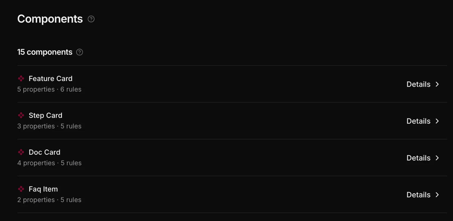 Settings → Components: each component with its number of properties and rules, and a Details button.