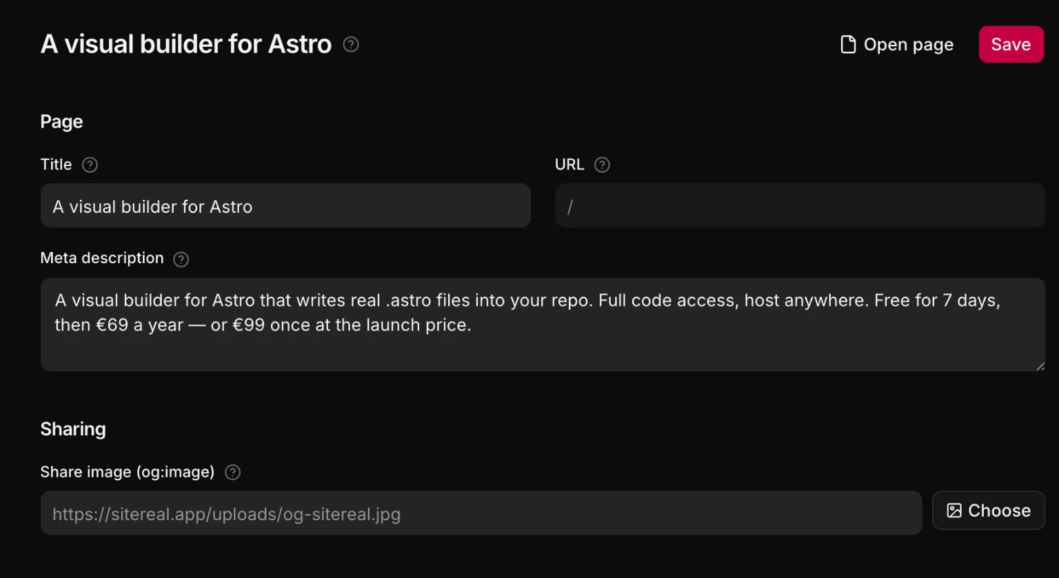 Page settings in Settings: title, URL, meta description and share image for the homepage.