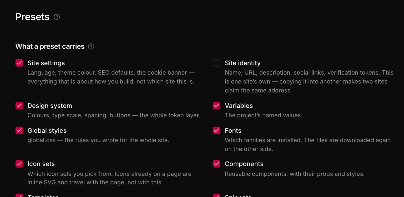 Settings → Presets: checkboxes for what a preset carries, a name field with Export file and Save to library, the library, and Choose a preset file.