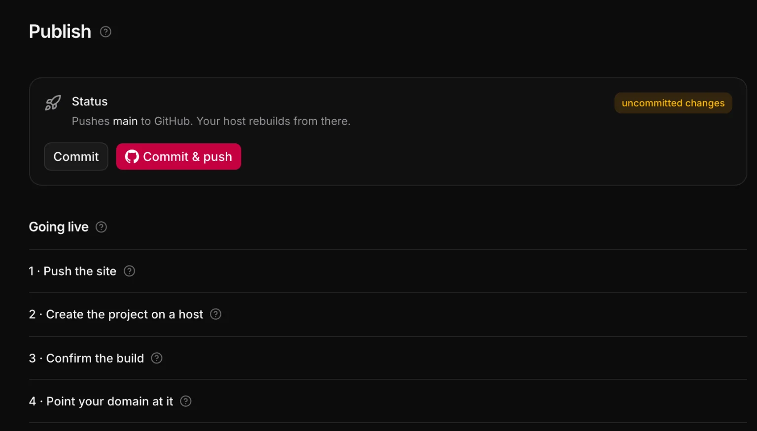 Settings → Publish: Commit and Commit & push buttons, then the four steps of going live — push the site, create the project on a host, confirm the build, point your domain at it.