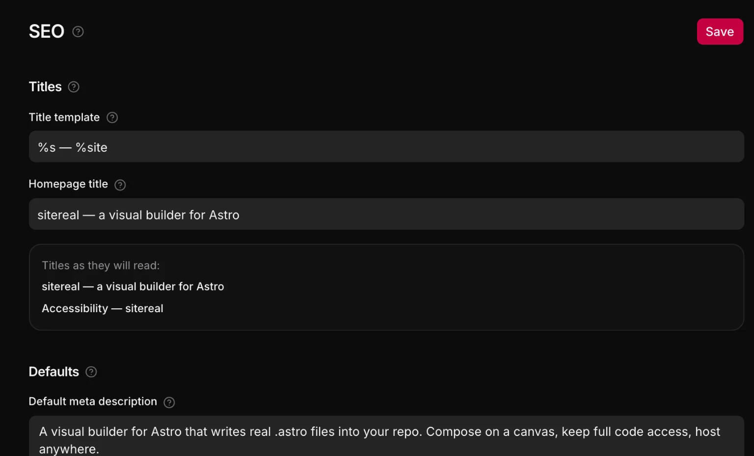 Settings → SEO: the title template, the homepage title, a preview of titles as they will read, and the default description.