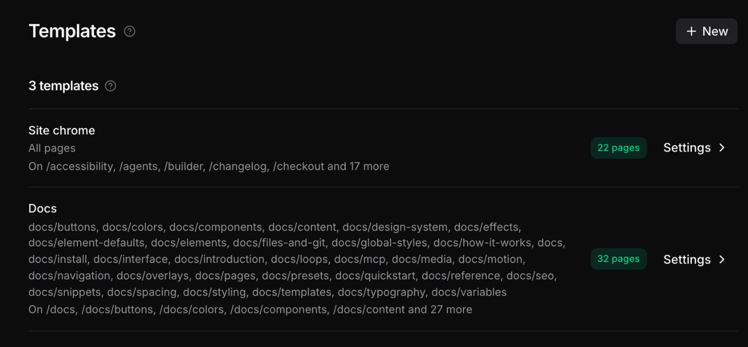 Settings → Templates: each template with the rule it follows, the pages it lands on, and a Settings button.