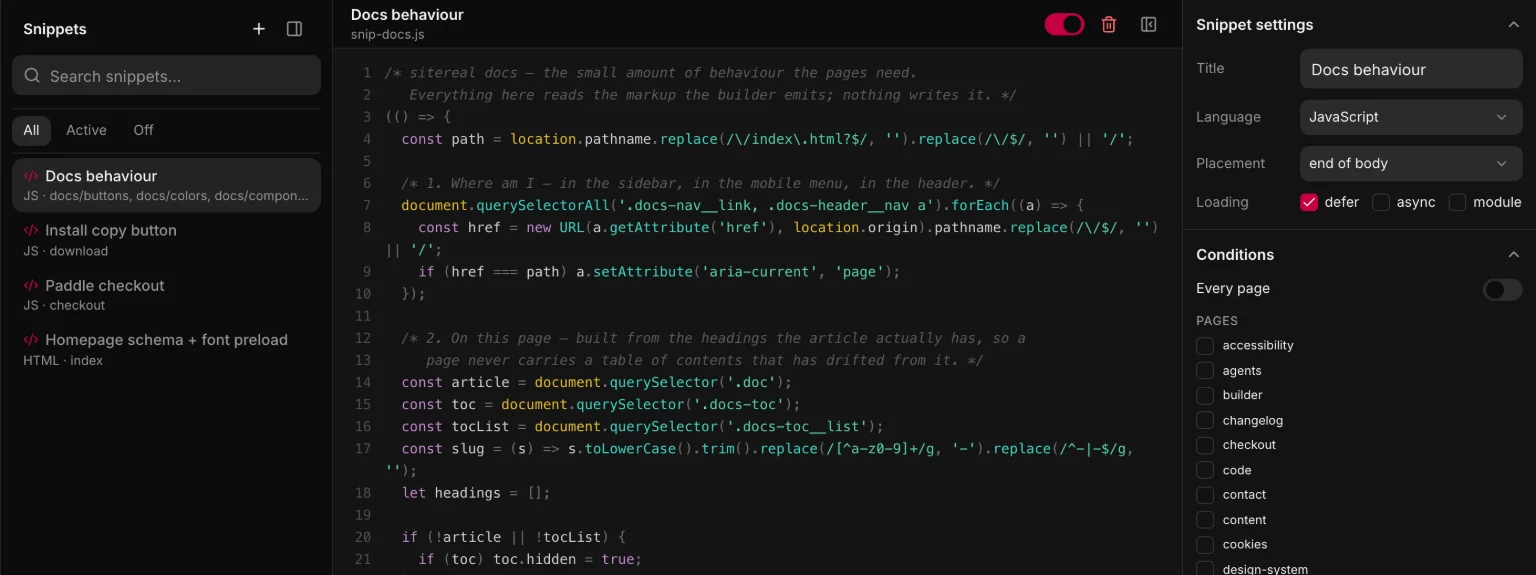 The Snippets view: the list of snippets on the left, the code of the selected one in the middle, and its language, placement and page conditions on the right.