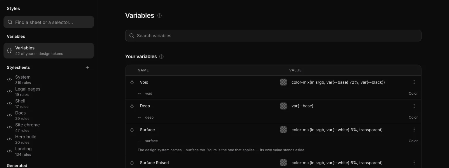 Styles → Variables: a table of your variables with a swatch and value for each, and a search field above it.